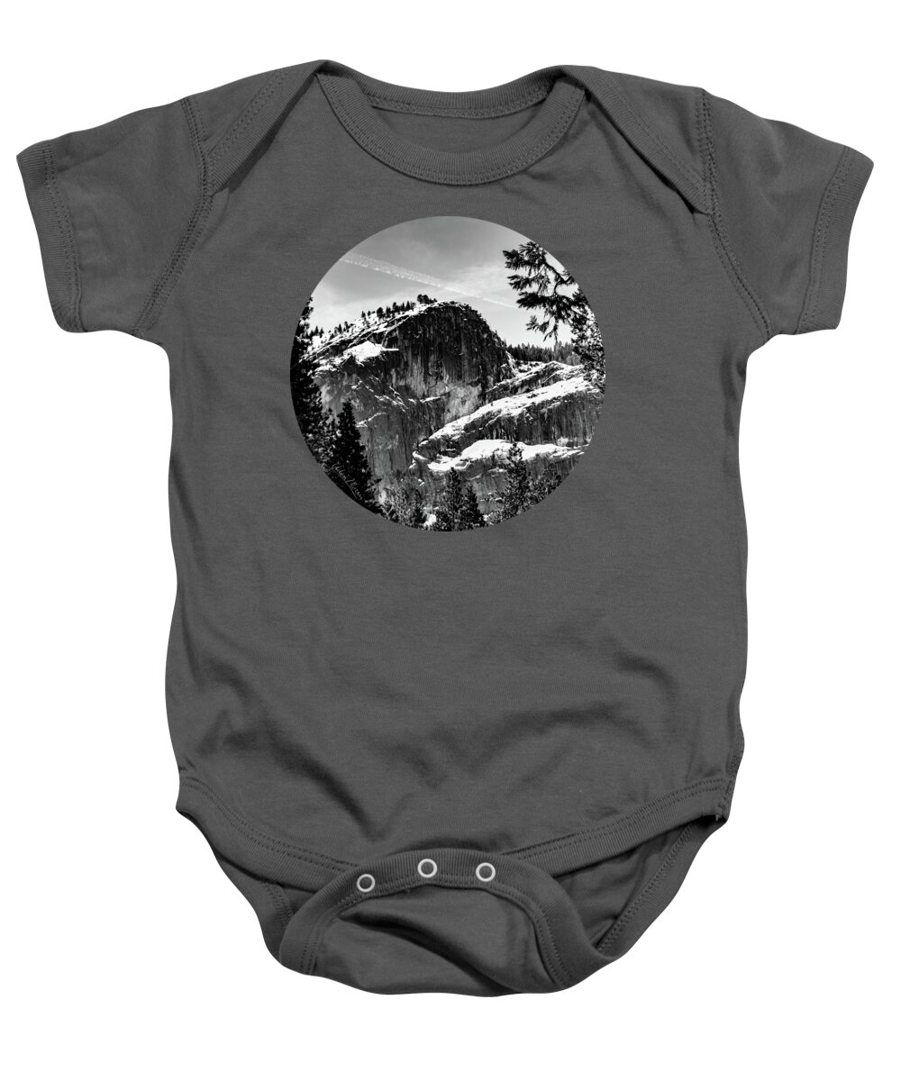 Landscape Baby Onesie featuring the photograph Snowy Sentinel, Black and White by Adam Morsa