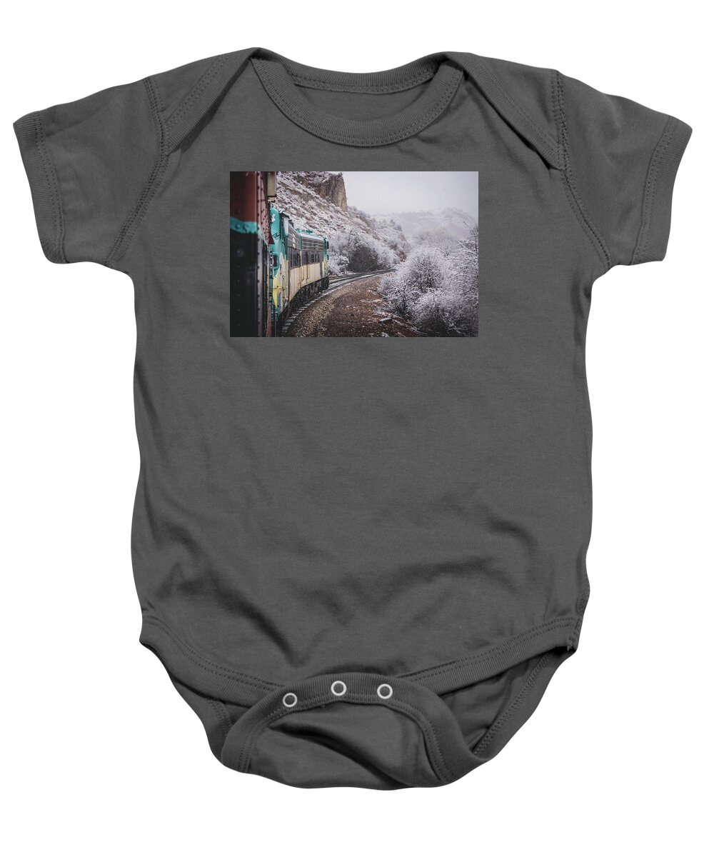 Arizona Baby Onesie featuring the photograph Snowy Verde Canyon Railroad by Andy Konieczny