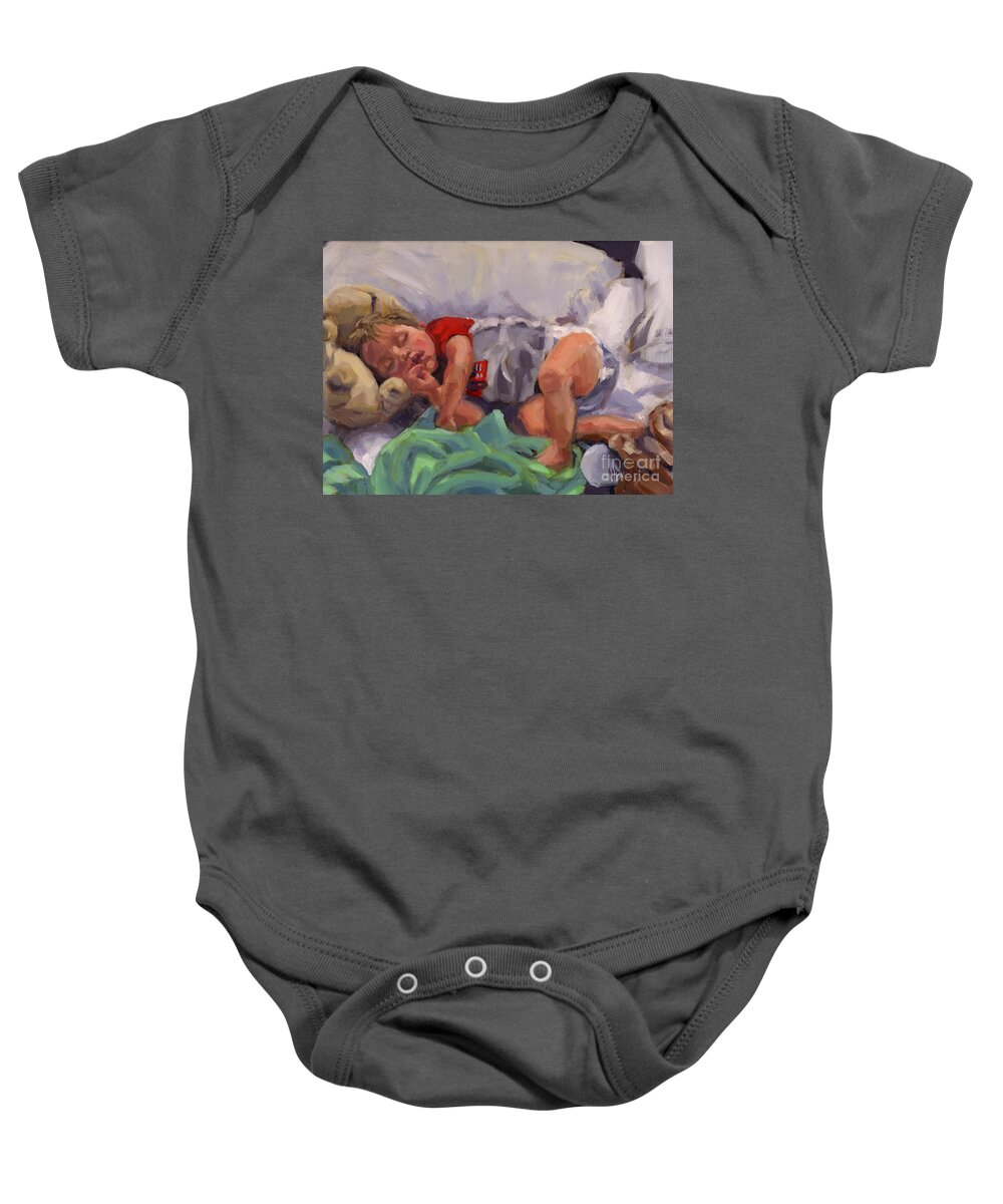 Grandchild Baby Onesie featuring the painting Snug As A Bug by Nancy Parsons