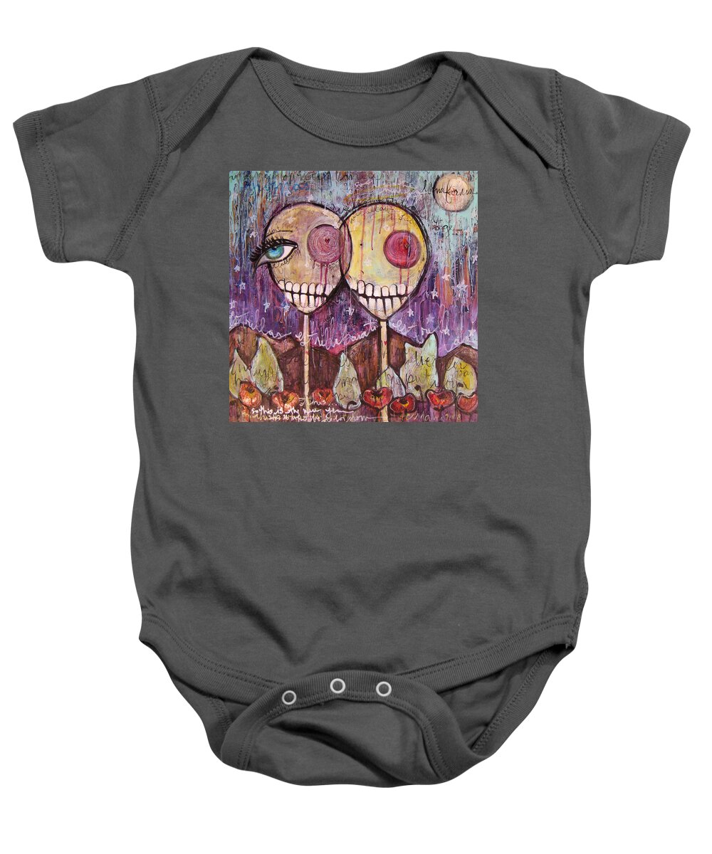 Skulls Baby Onesie featuring the painting So This is the new Year Estrellas and All by Laurie Maves ART