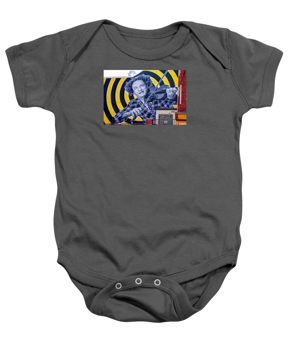 Philadelphia Baby Onesie featuring the photograph South Philly Skyline - Larry Fine of the Three Stooges Wall Mural-B - Third and South Streets by Michael Mazaika