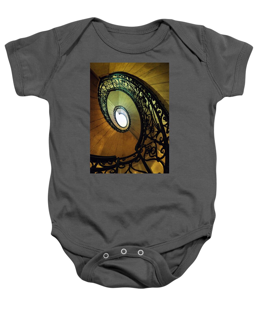 Staircase Baby Onesie featuring the photograph Spiral staircase in brown and green tones by Jaroslaw Blaminsky
