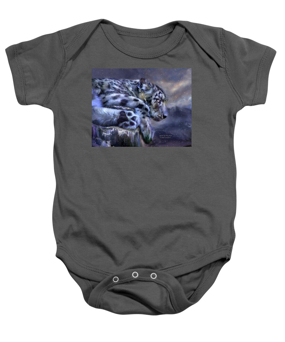 Snow Leopard Baby Onesie featuring the mixed media Spirit Of The Snow by Carol Cavalaris