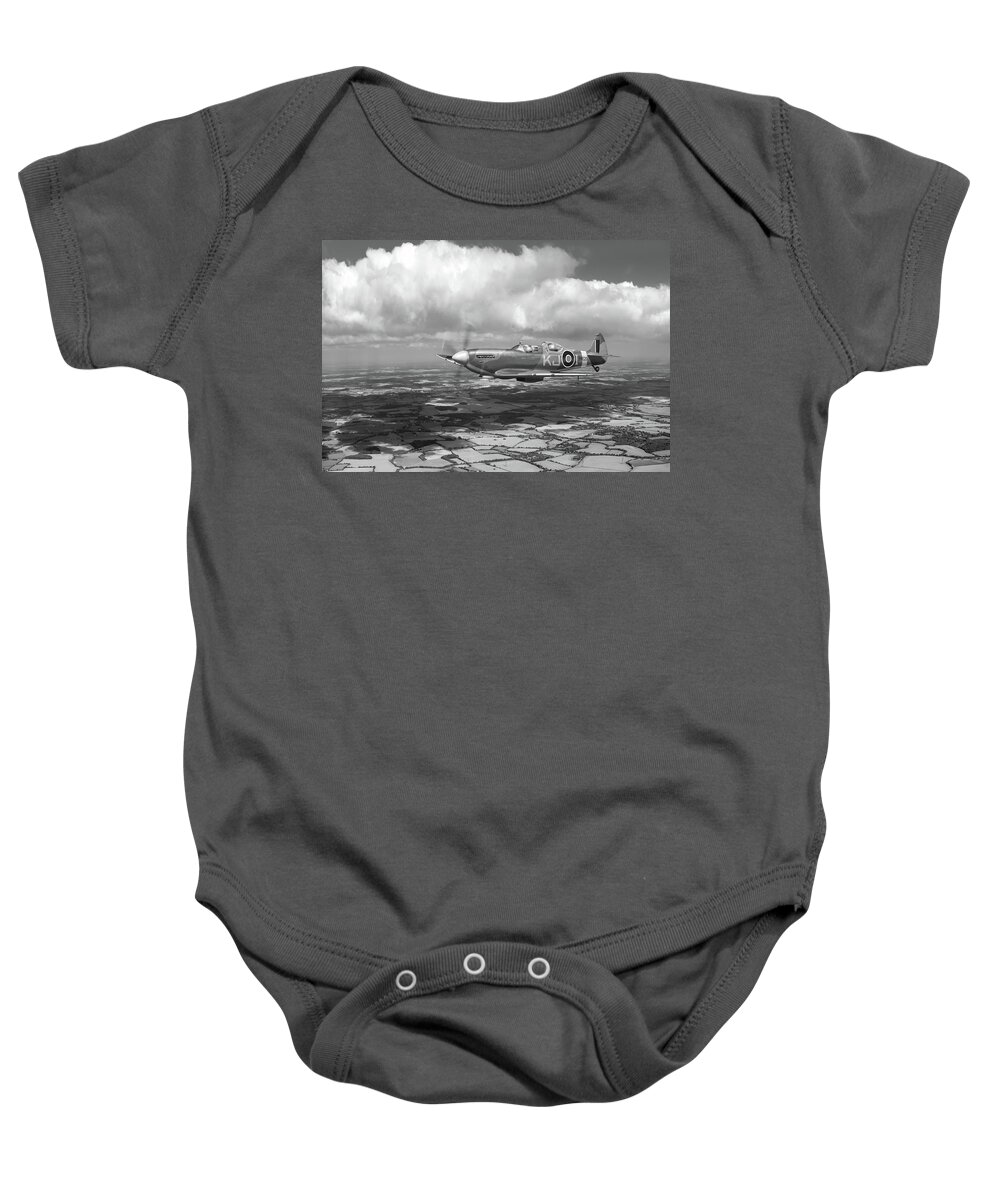 Boultbee Flight Academy Baby Onesie featuring the photograph Spitfire TR 9 SM520 BW version by Gary Eason