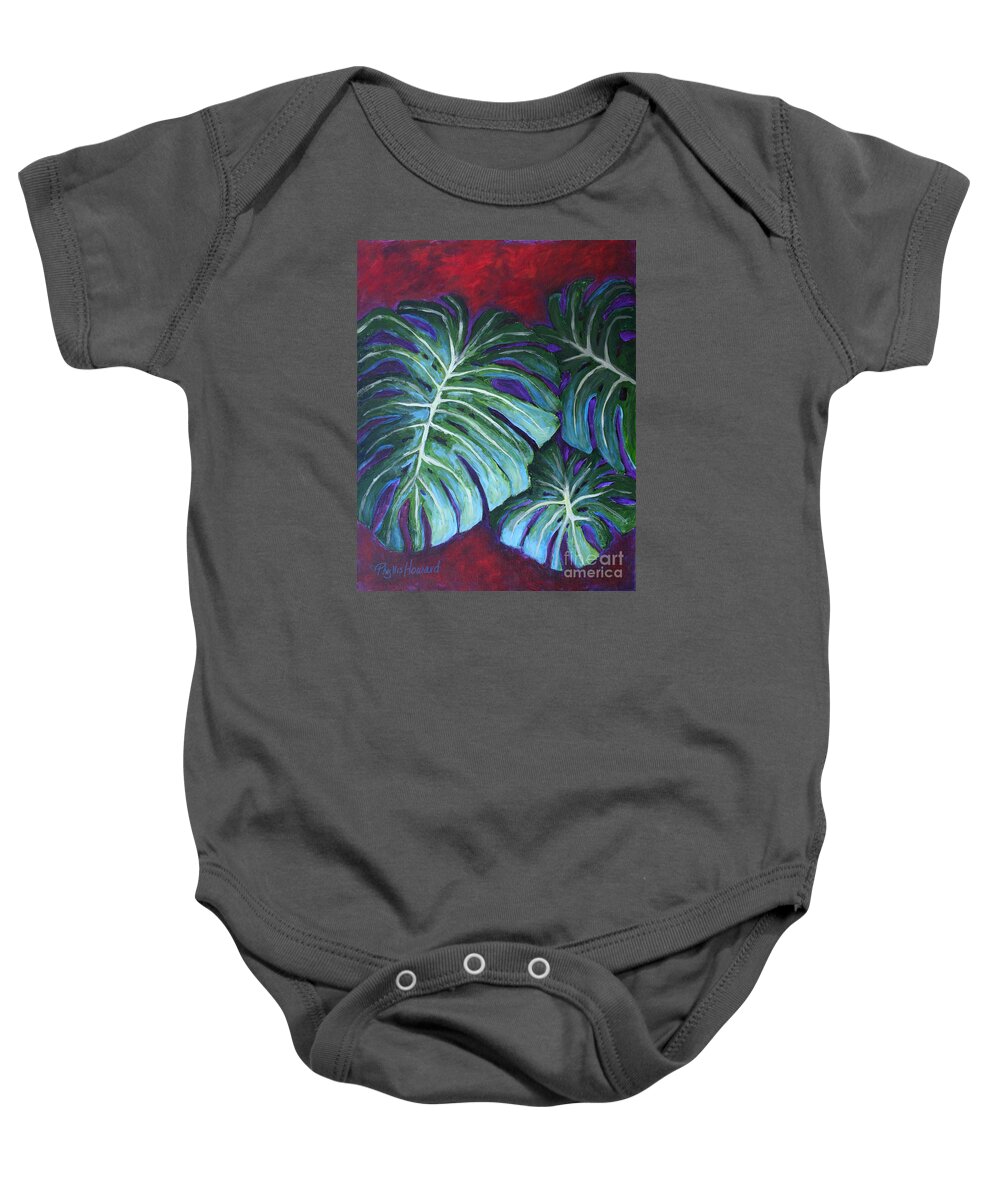 Leaves Baby Onesie featuring the painting Split Leaf Philodendron by Phyllis Howard