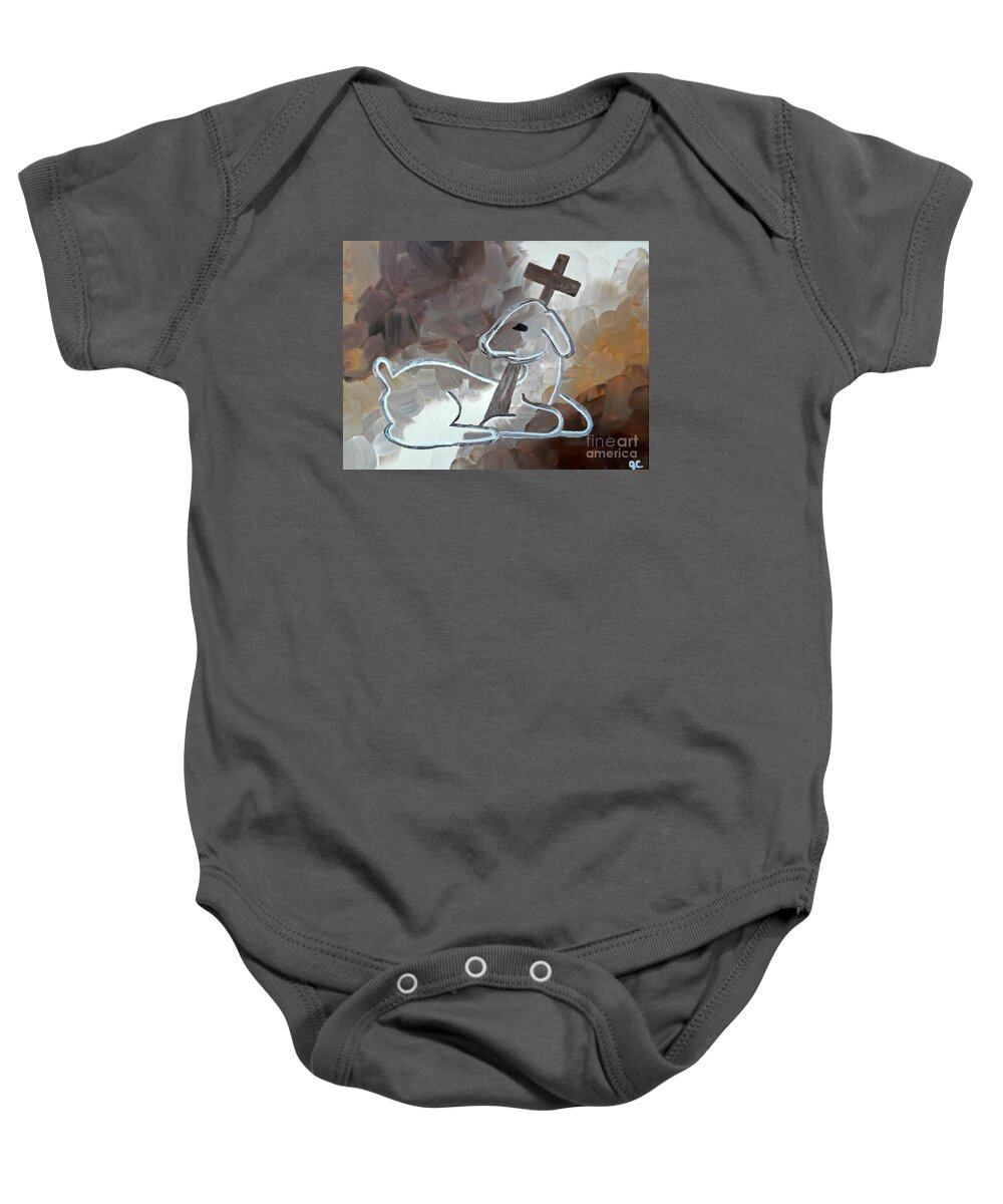 Lamb Religious Baby Onesie featuring the painting Spotless Lamb by Jilian Cramb - AMothersFineArt