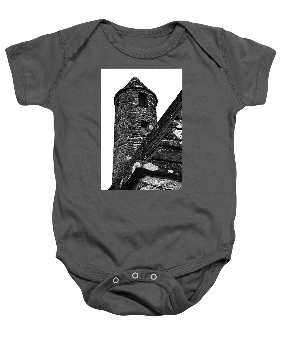 Glendalough Baby Onesie featuring the photograph St Kevins Chapel Tower Glendalough Monastary County Wicklow Ireland Black and White by Shawn O'Brien