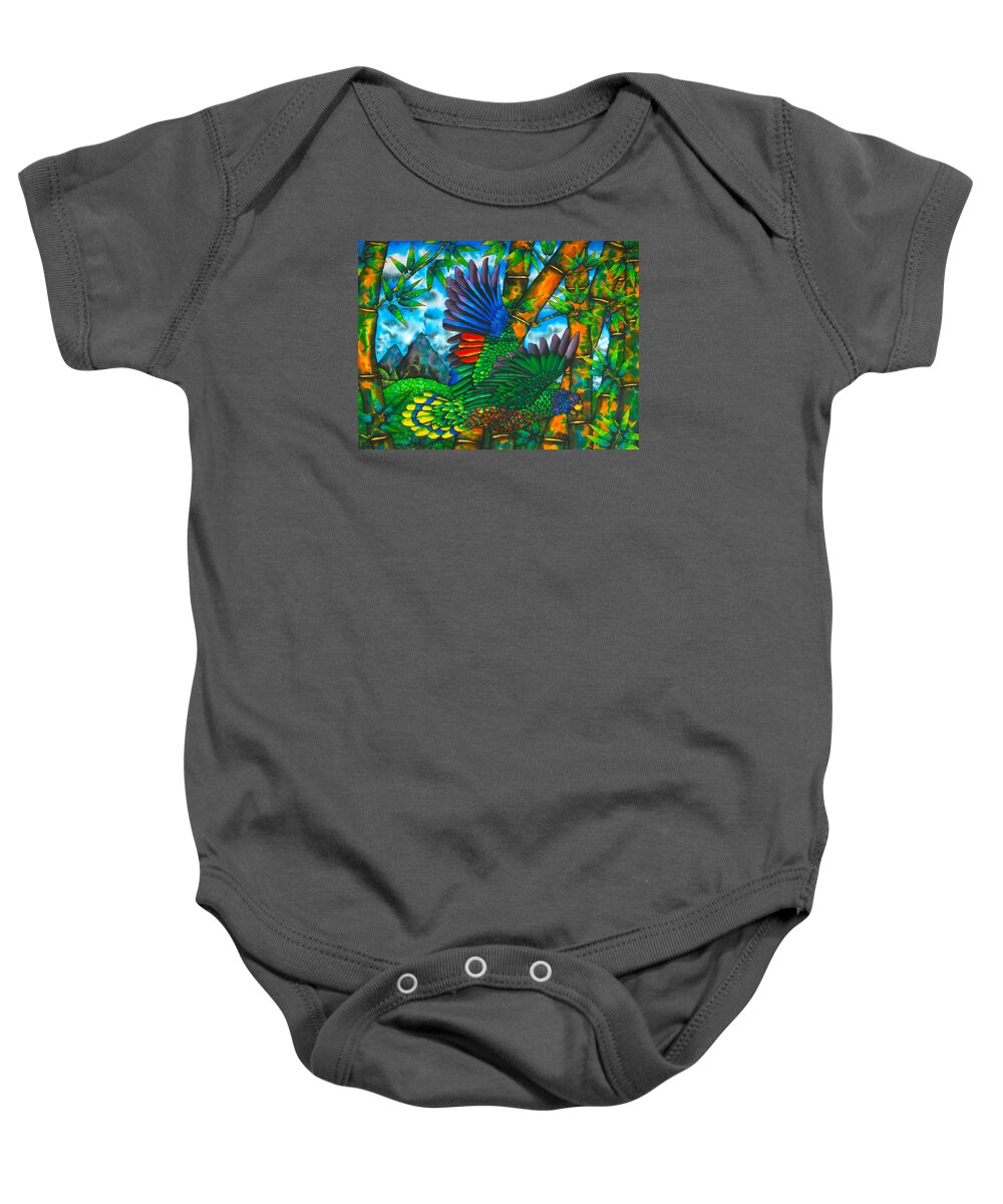 St. Lucia Parrot Baby Onesie featuring the painting Gwi Gwi St. Lucia Amazon Parrot - Exotic Bird by Daniel Jean-Baptiste