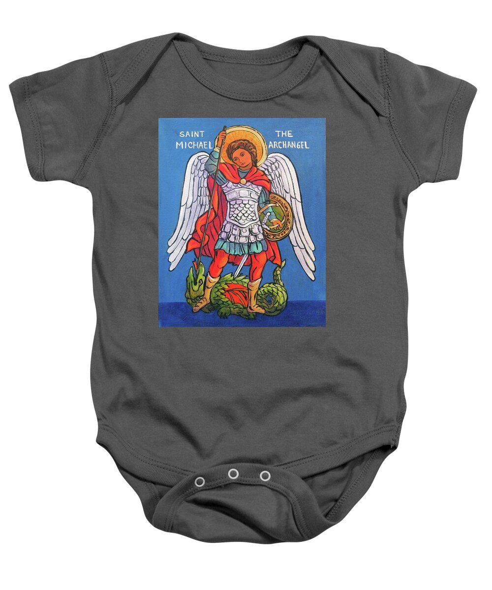 St.michael The Archangel Baby Onesie featuring the painting St. Michael the Archangel by Candy Mayer
