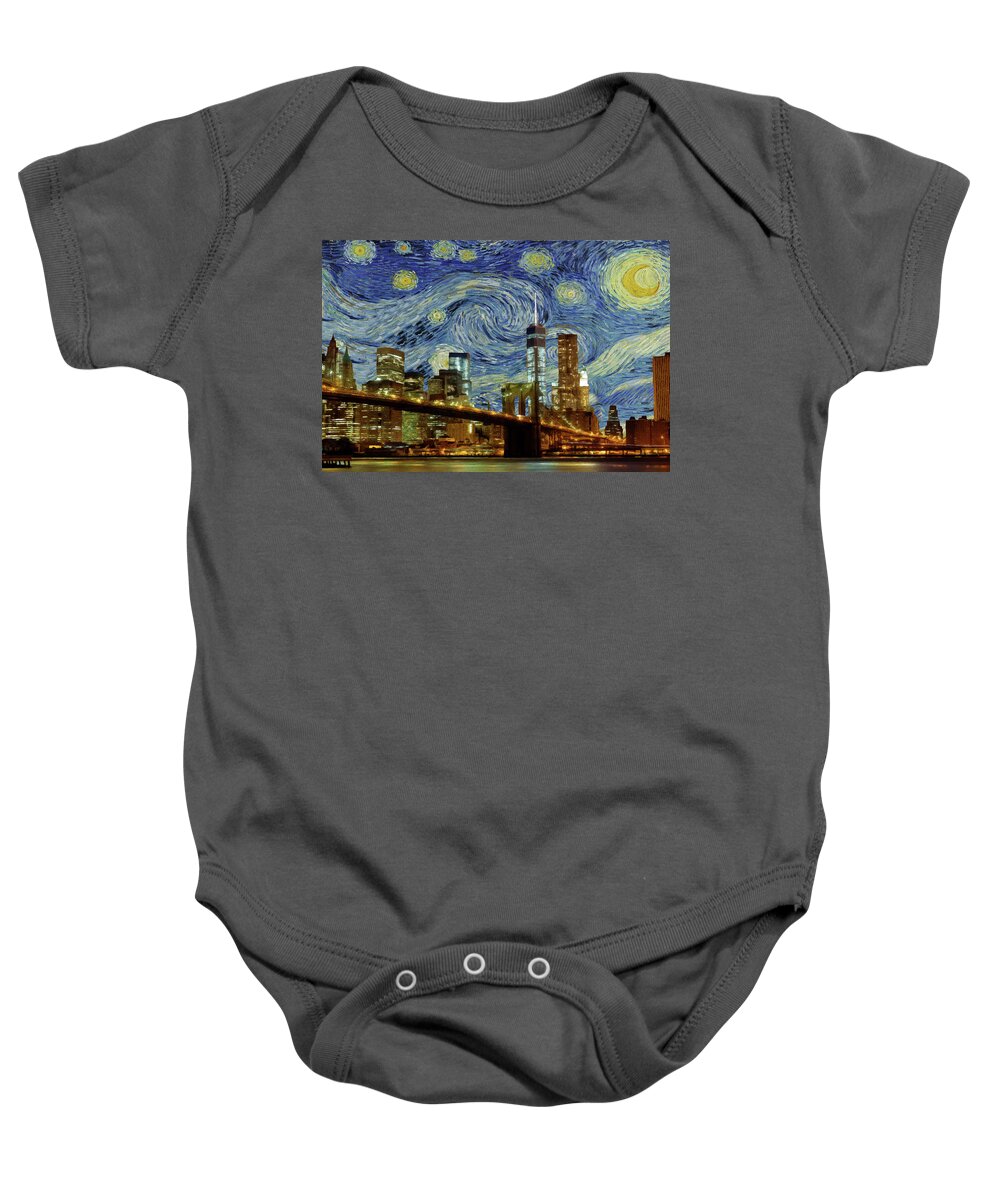 Starry Night Baby Onesie featuring the painting Starry Night Brooklyn Bridge by Movie Poster Prints