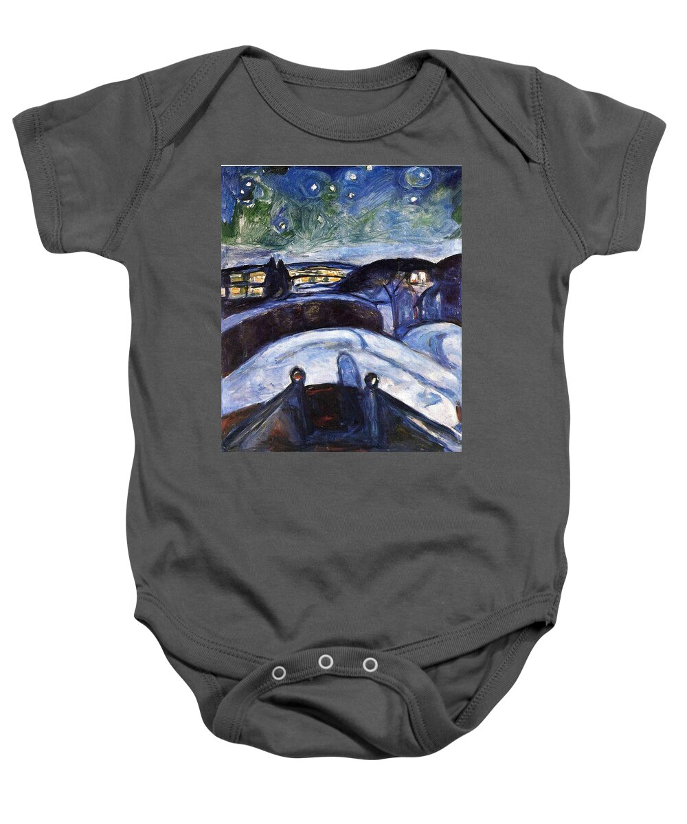 Starry Night - Edvard Munch Baby Onesie featuring the painting Starry night by MotionAge Designs