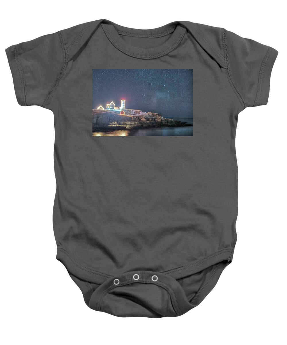 Nubble Baby Onesie featuring the photograph Starry Sky of the Nubble Light in York ME Cape Neddick by Toby McGuire