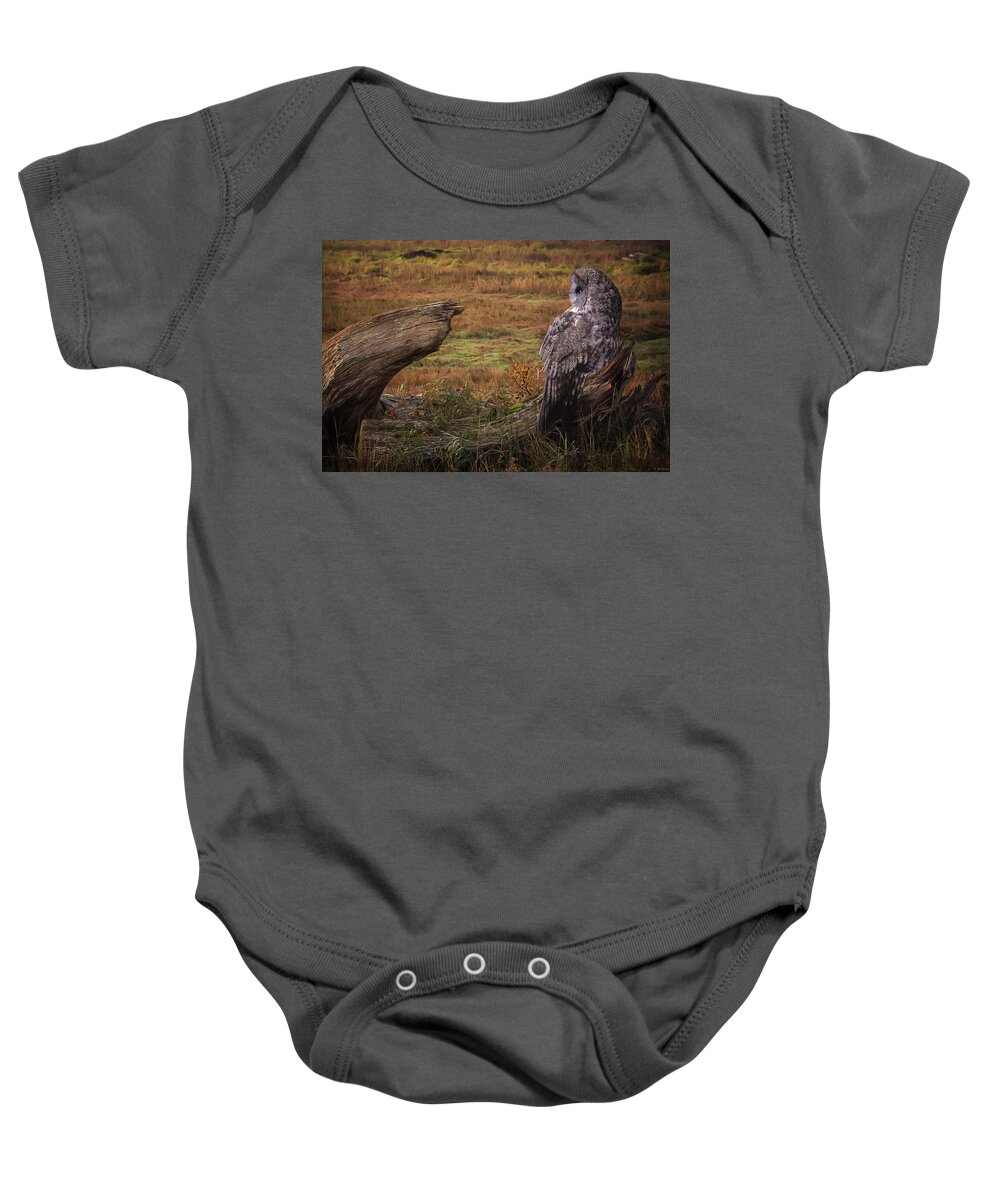 Start Of A New Day Baby Onesie featuring the photograph Start Of A New Day - Great Grey Owl Art by Jordan Blackstone