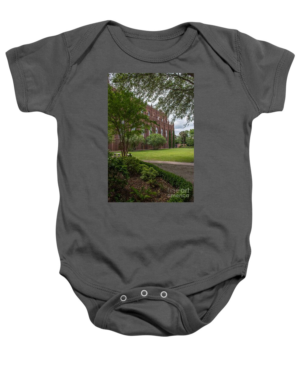 Church Baby Onesie featuring the photograph Statue Garden Courtyard by Dale Powell