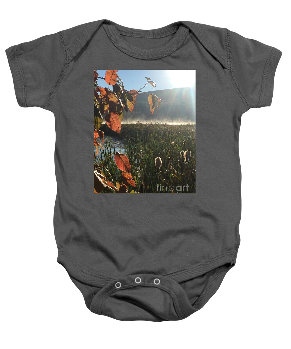 Leaves Baby Onesie featuring the photograph Steamy Lake by Jason Nicholas