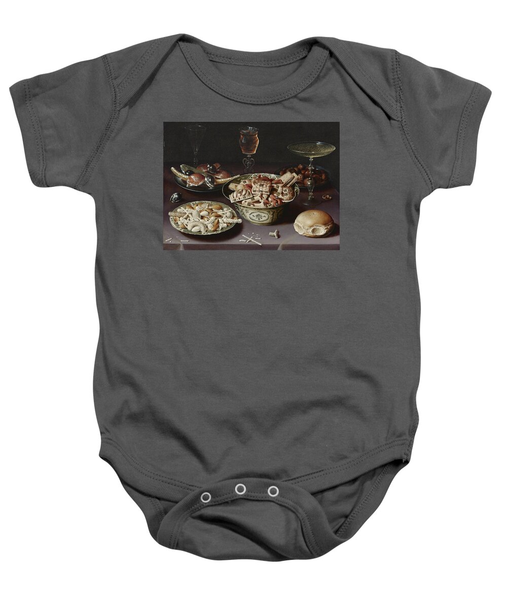 Osias Beert Baby Onesie featuring the painting Still Life of Porcelain Vessels Containing Sweets by Osias Beert