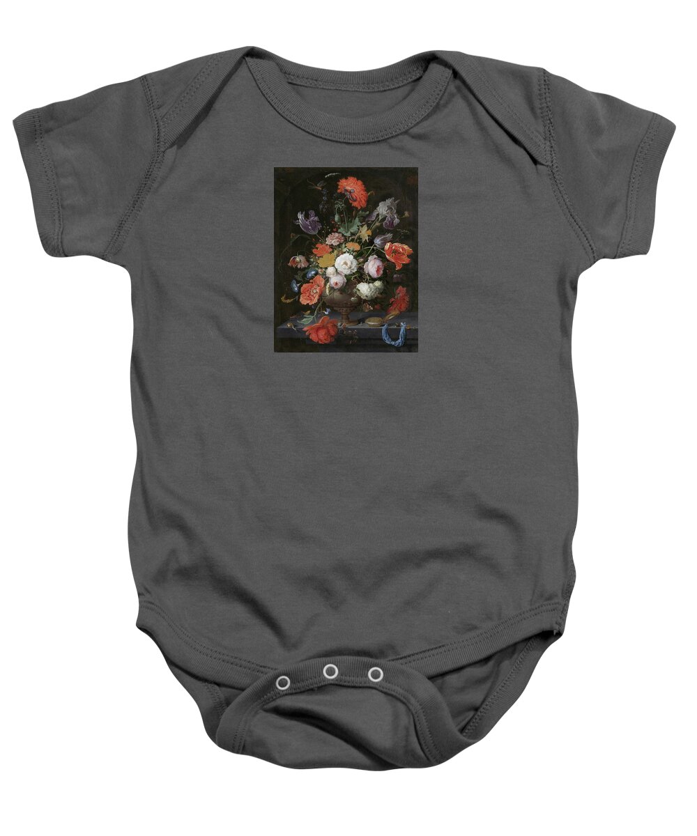 Old Masters Baby Onesie featuring the painting Still Life with Flowers and a Watch by Abraham Mignon