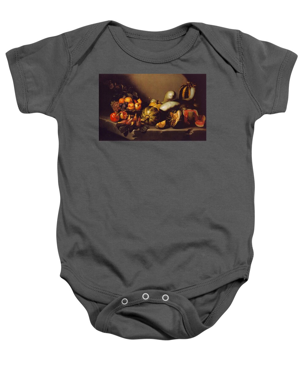 Still Life With Fruit On A Stone Ledge (c. 1601-05). Caravaggio Baby Onesie featuring the painting Still Life with Fruit on a Stone Ledge by MotionAge Designs
