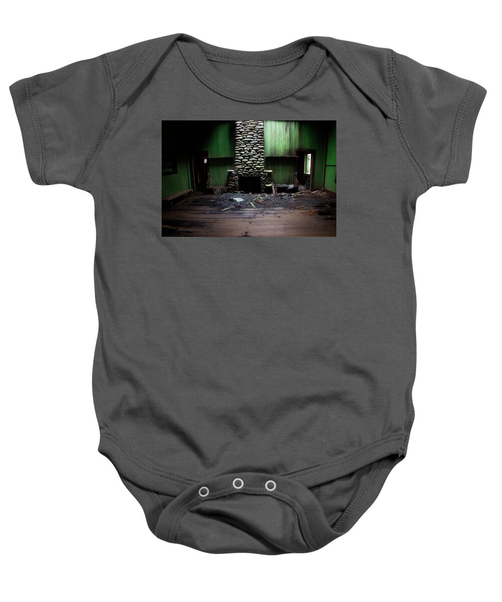 Abandoned Home Baby Onesie featuring the photograph Stone Fireplace by Mike Eingle