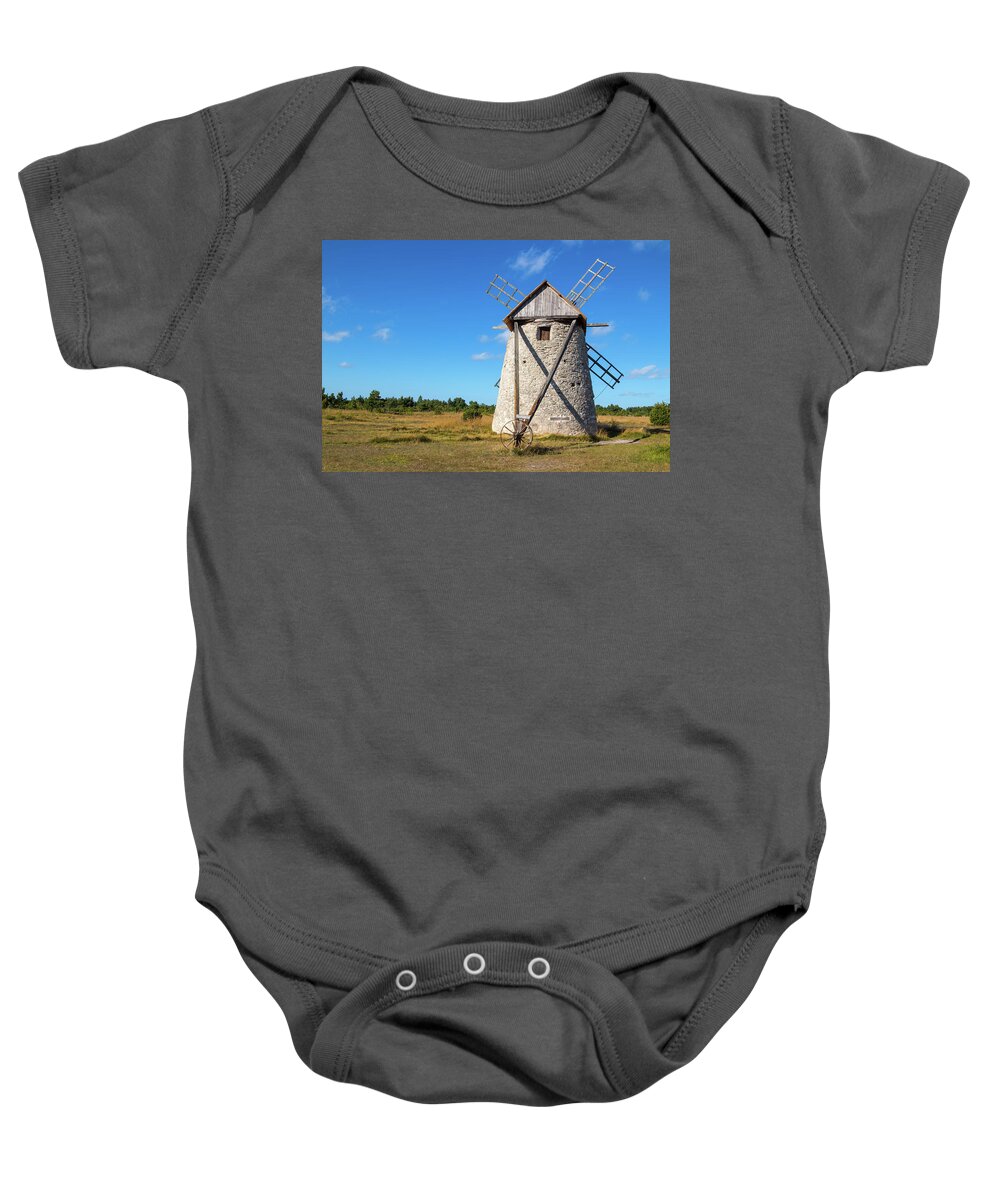 Windmill Baby Onesie featuring the photograph Stone windmill in Gotland, Sweden by GoodMood Art