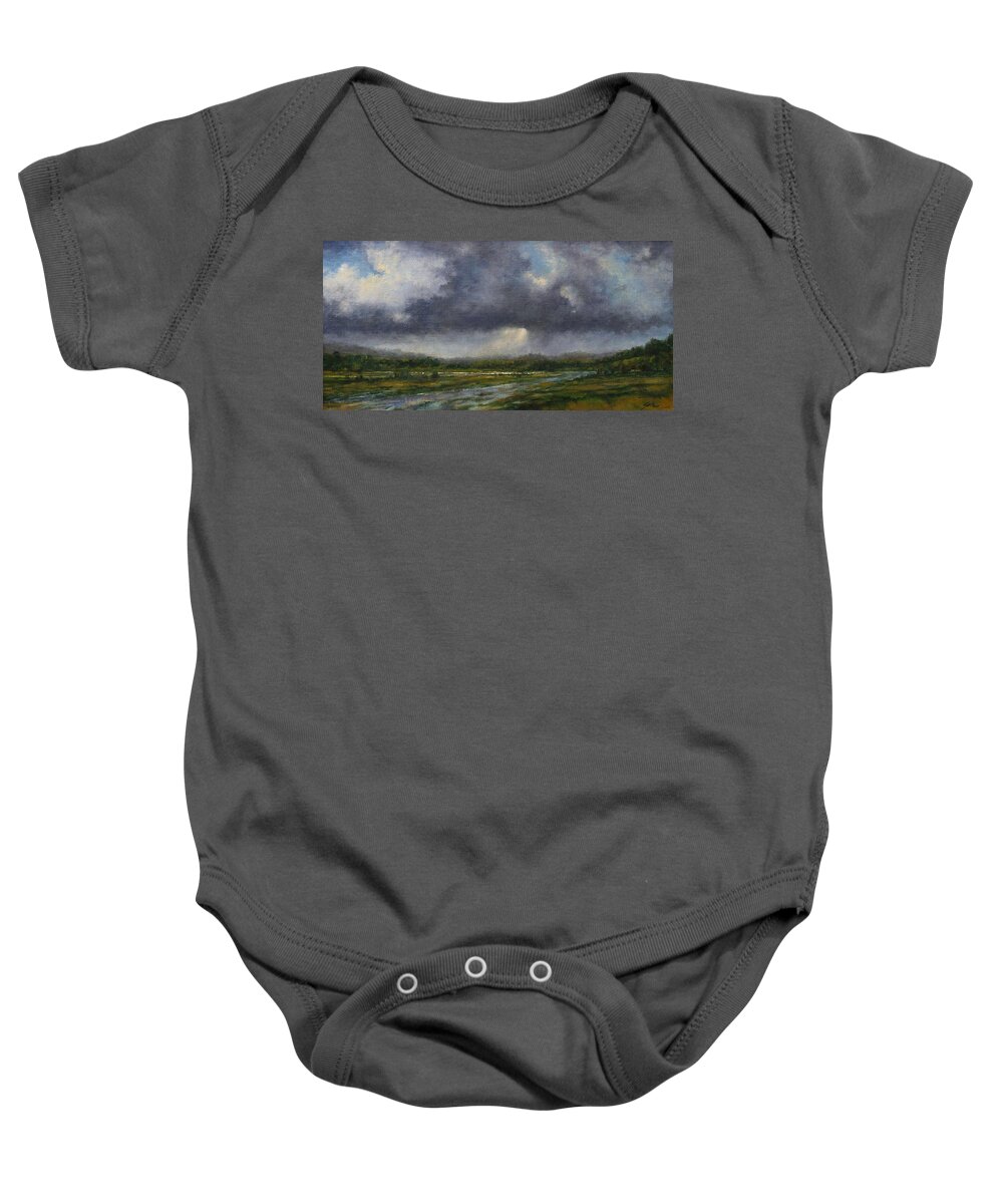 Painting Baby Onesie featuring the painting Storm Brewing over the Refuge by Jim Gola