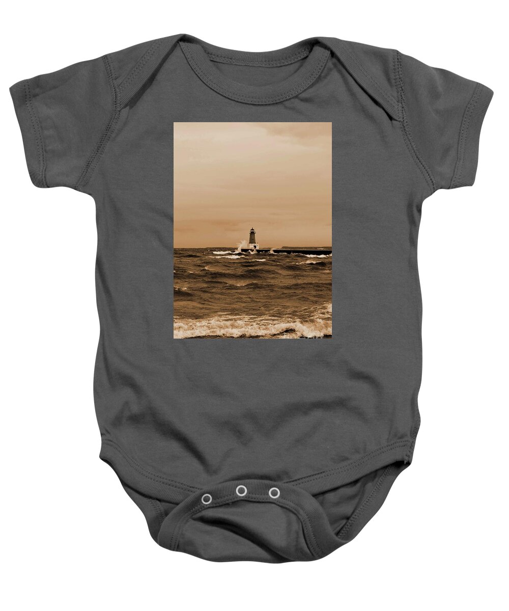 Storm Sandy Baby Onesie featuring the photograph Storm Sandy Effects Menominee Lighthouse Sepia by Ms Judi