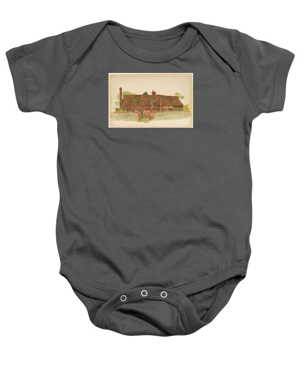 Kate Greenaway 1846-1901 Study Of A Long Cottage With Dormer Windows And Tiled Upper Wall. Beautiful House Baby Onesie featuring the painting Study of a Long Cottage with Dormer Windows by MotionAge Designs
