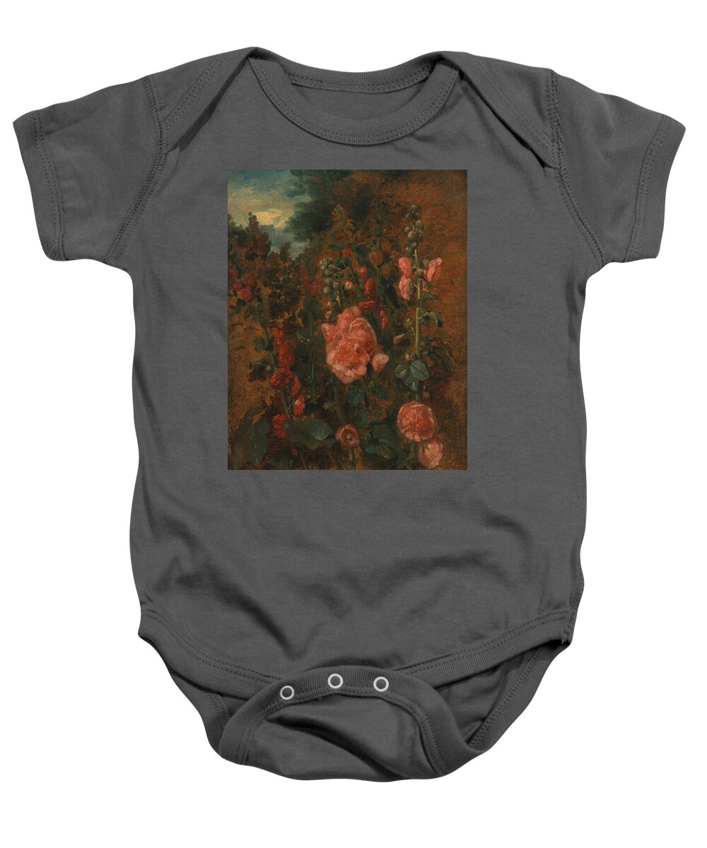 English Romantic Painters Baby Onesie featuring the painting Study of Hollyhocks by John Constable