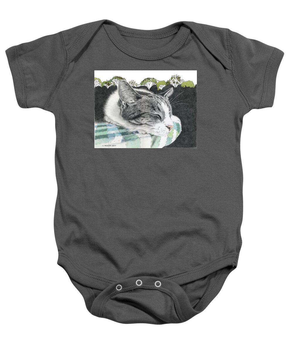 Cat Baby Onesie featuring the drawing Summer Dreams by Louise Howarth