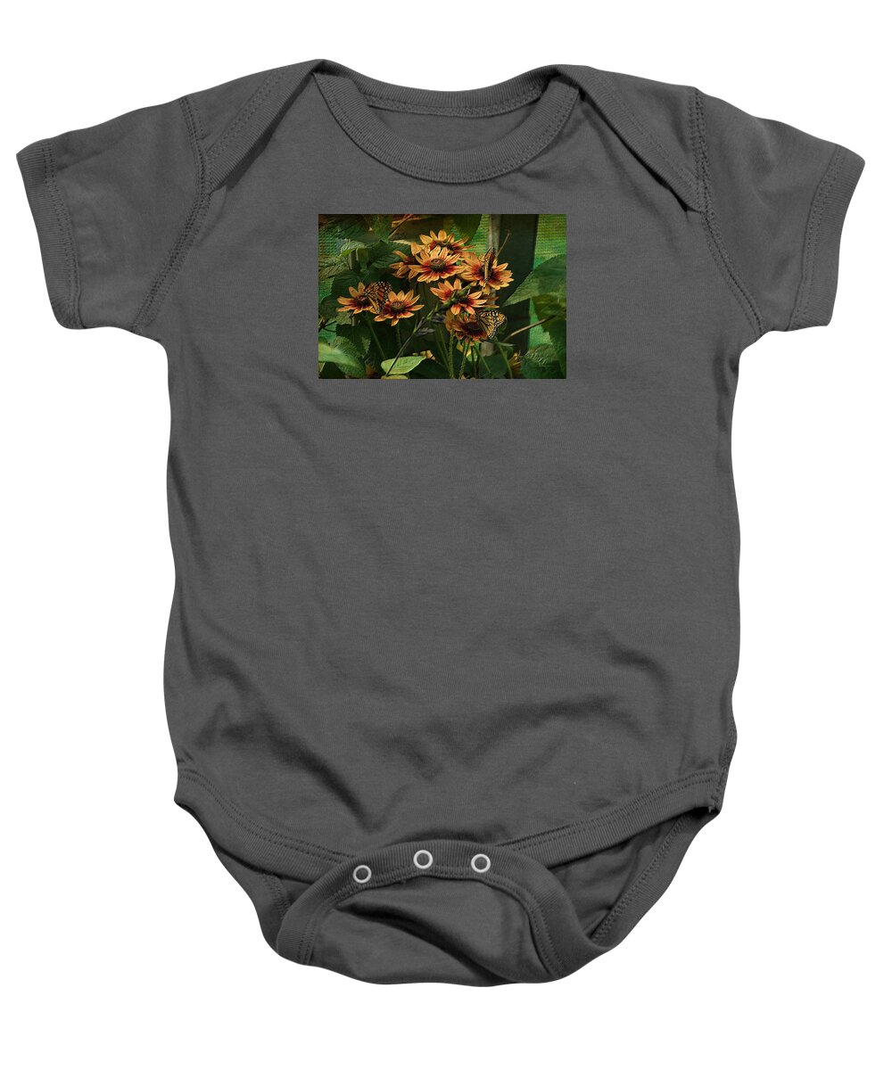 Butterfly Baby Onesie featuring the photograph Summer Floral With Monarch Butterflies PA 01 by Thomas Woolworth