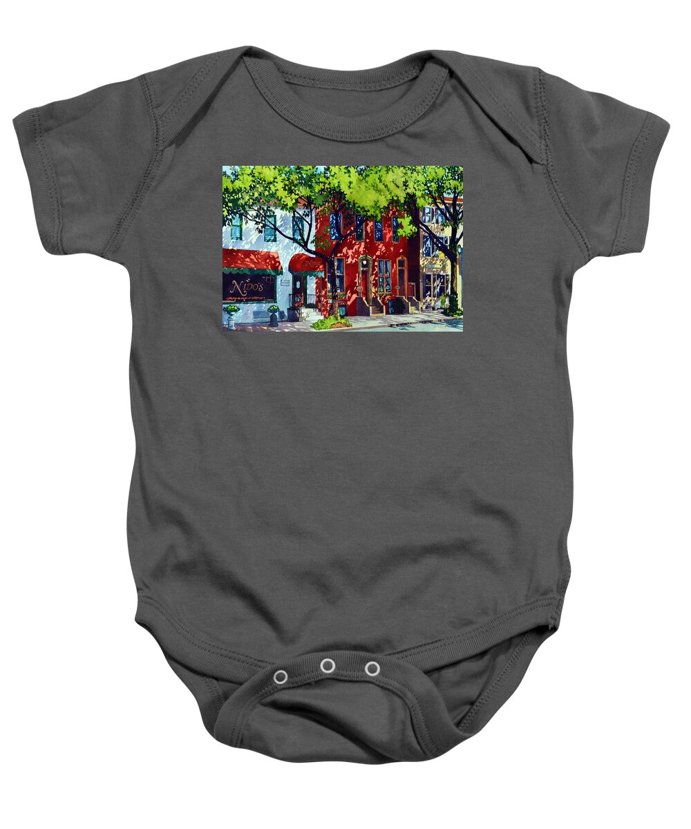 #watercolor #landscape #cityscape #streetscene #shadows #summer #painting #frederick #frederickmd Baby Onesie featuring the painting Summer Shadows by Mick Williams