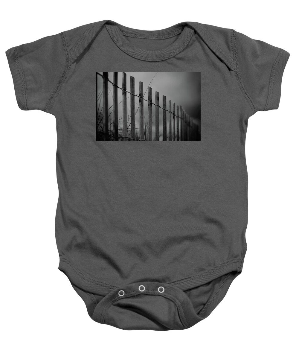 Beach Fence Baby Onesie featuring the photograph Summer Storm Beach Fence Mono by Laura Fasulo