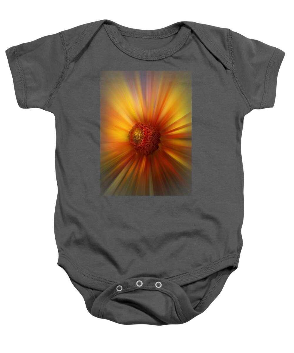 Abstract Baby Onesie featuring the photograph Sunflower Dawn Zoom by Debra and Dave Vanderlaan