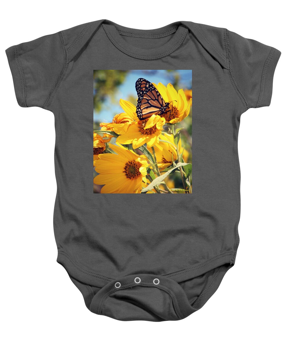 Sunflowers And Monarch Baby Onesie featuring the photograph Sunflowers And Monarch by Kathy M Krause