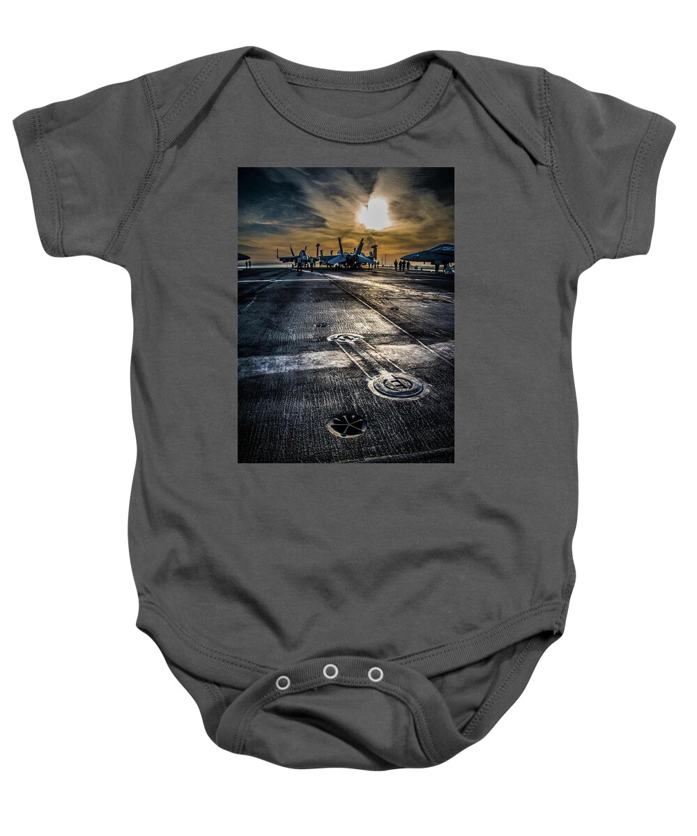 Navy Baby Onesie featuring the photograph Sunrise in the Suez by Larkin's Balcony Photography