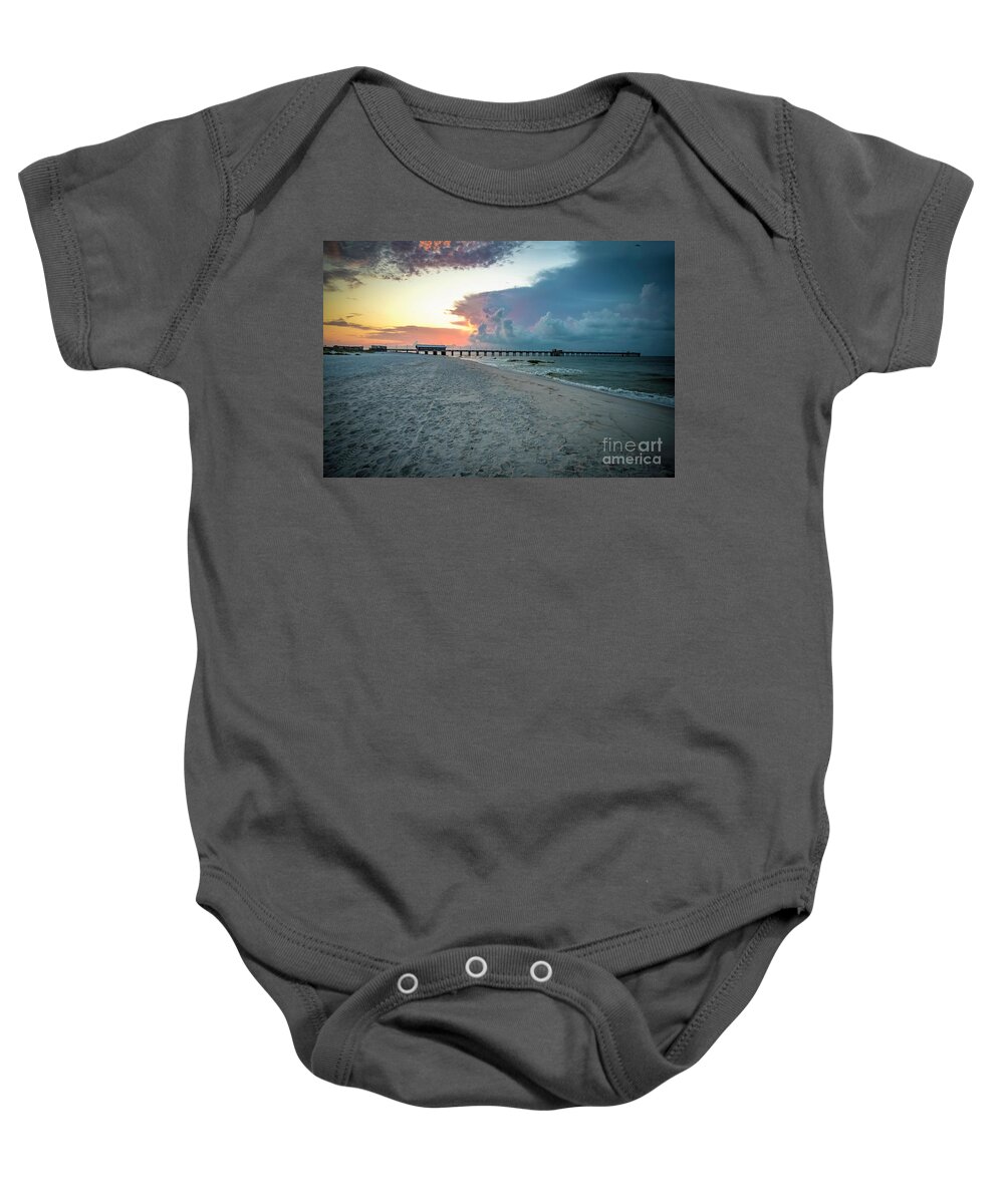 2017 Baby Onesie featuring the photograph Sunrise Seascape Gulf Shores AL Pier 064A by Ricardos Creations
