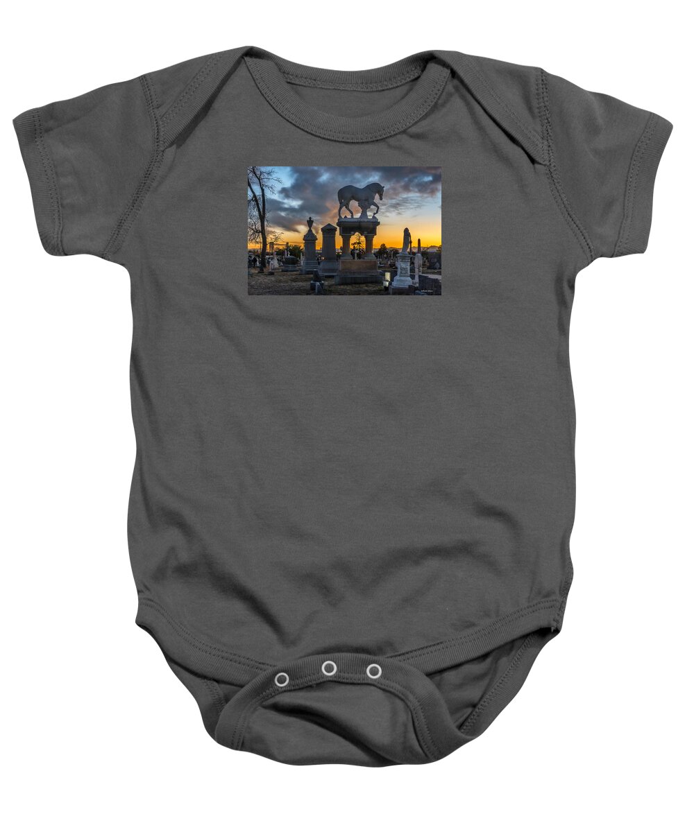 Addison Baker Baby Onesie featuring the photograph Sunset at Riverside Cemetery by Stephen Johnson