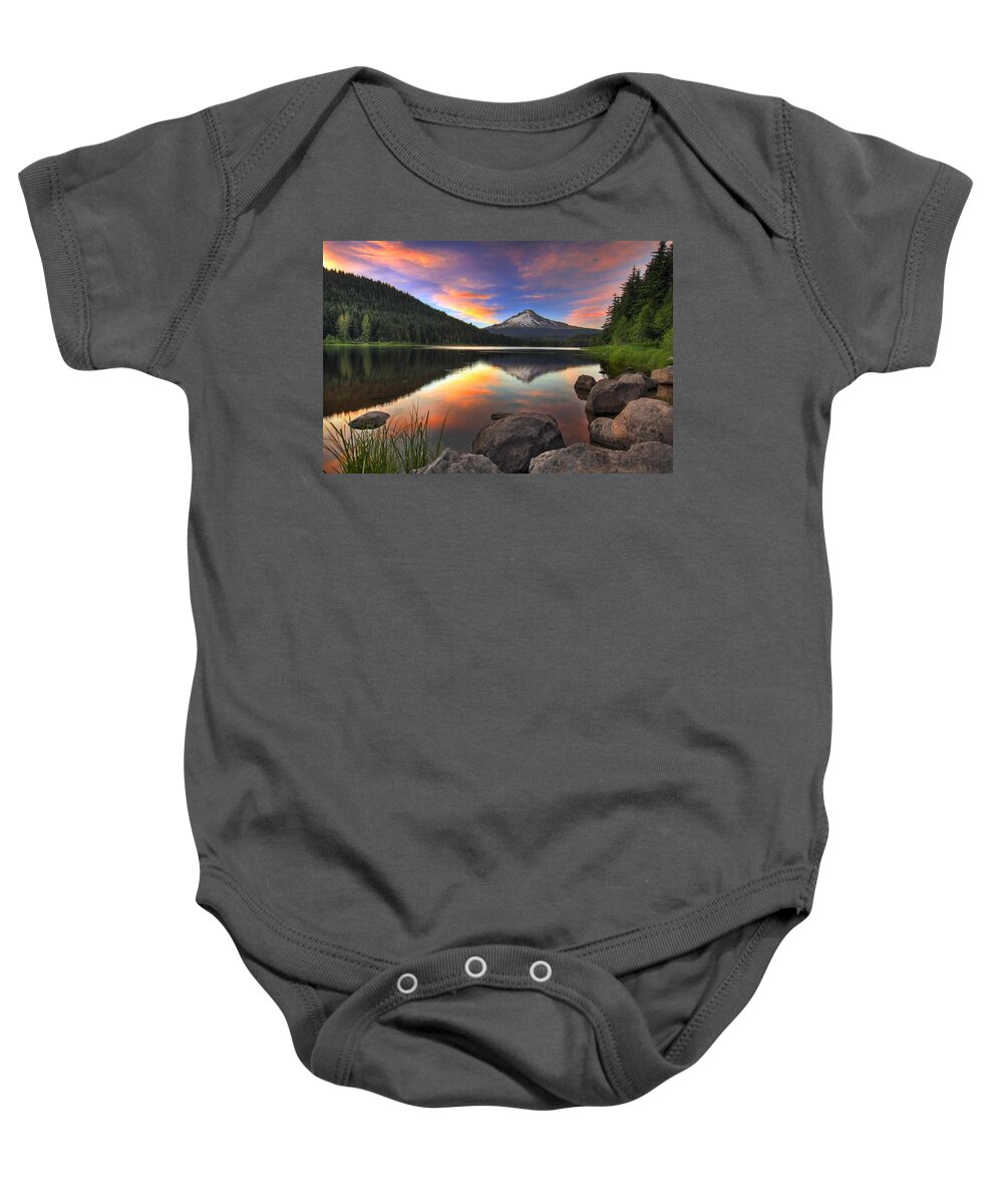 Sunset Baby Onesie featuring the photograph Sunset at Trillium Lake with Mount Hood by David Gn
