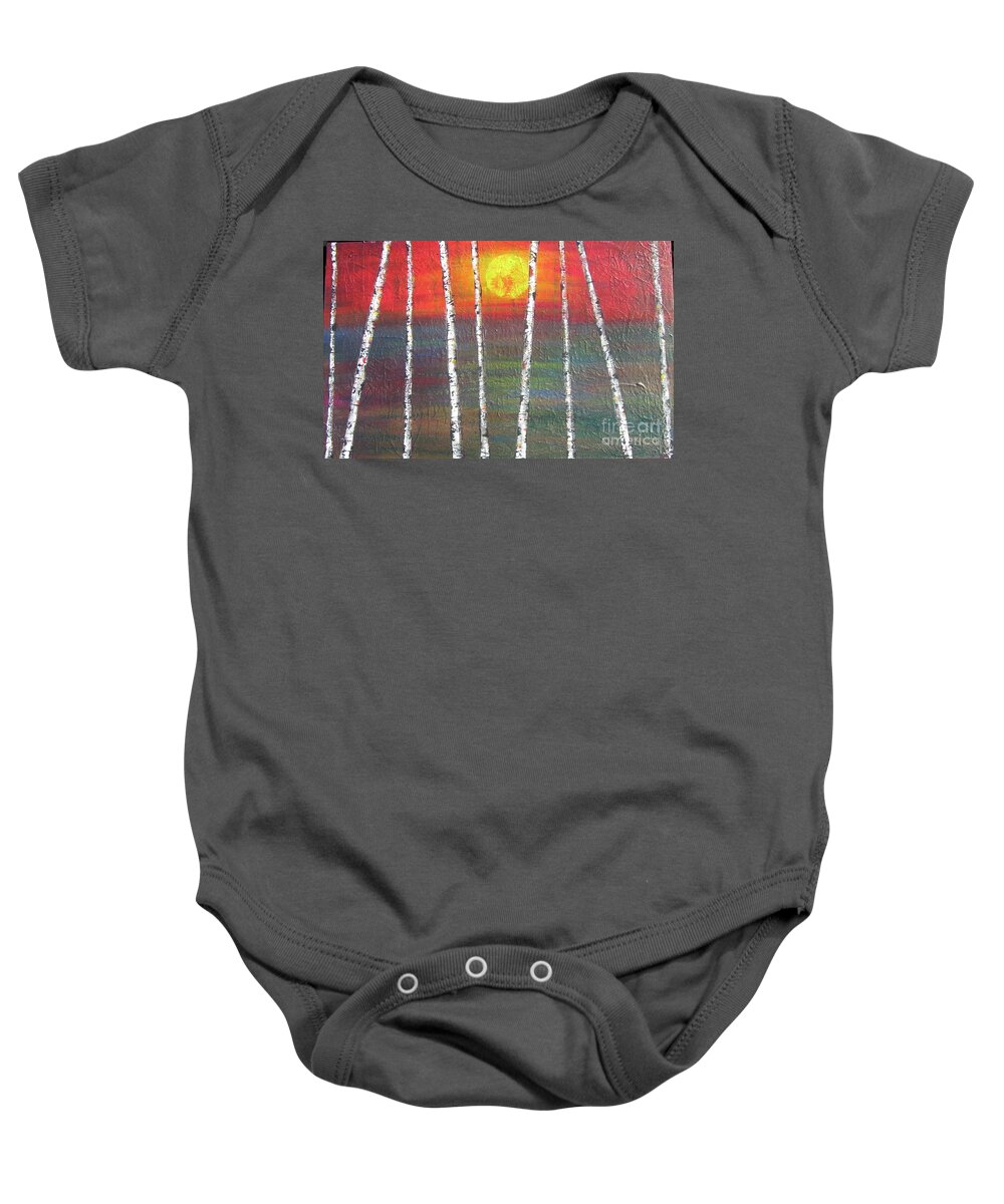 Abstract Baby Onesie featuring the painting Sunset Birch by Jacqueline Athmann