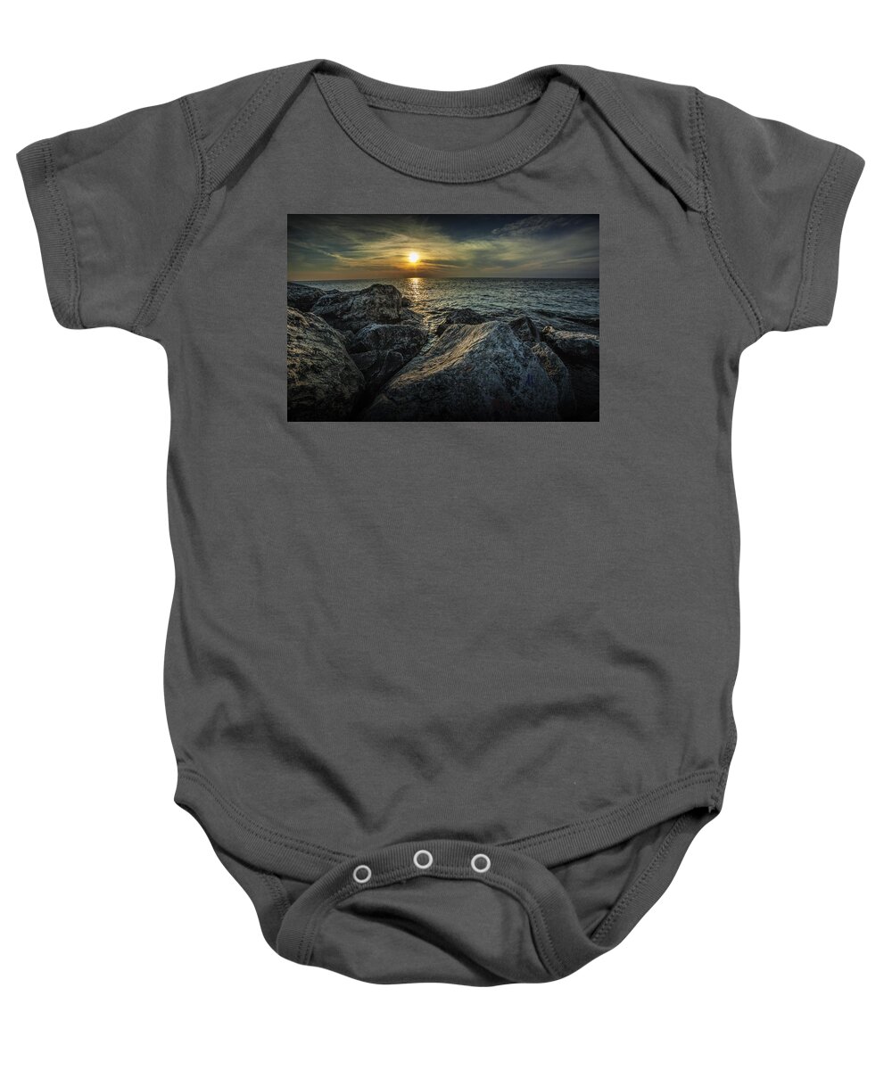 Sea Baby Onesie featuring the photograph Sunset from the Channel Breakwater Rocks by Randall Nyhof