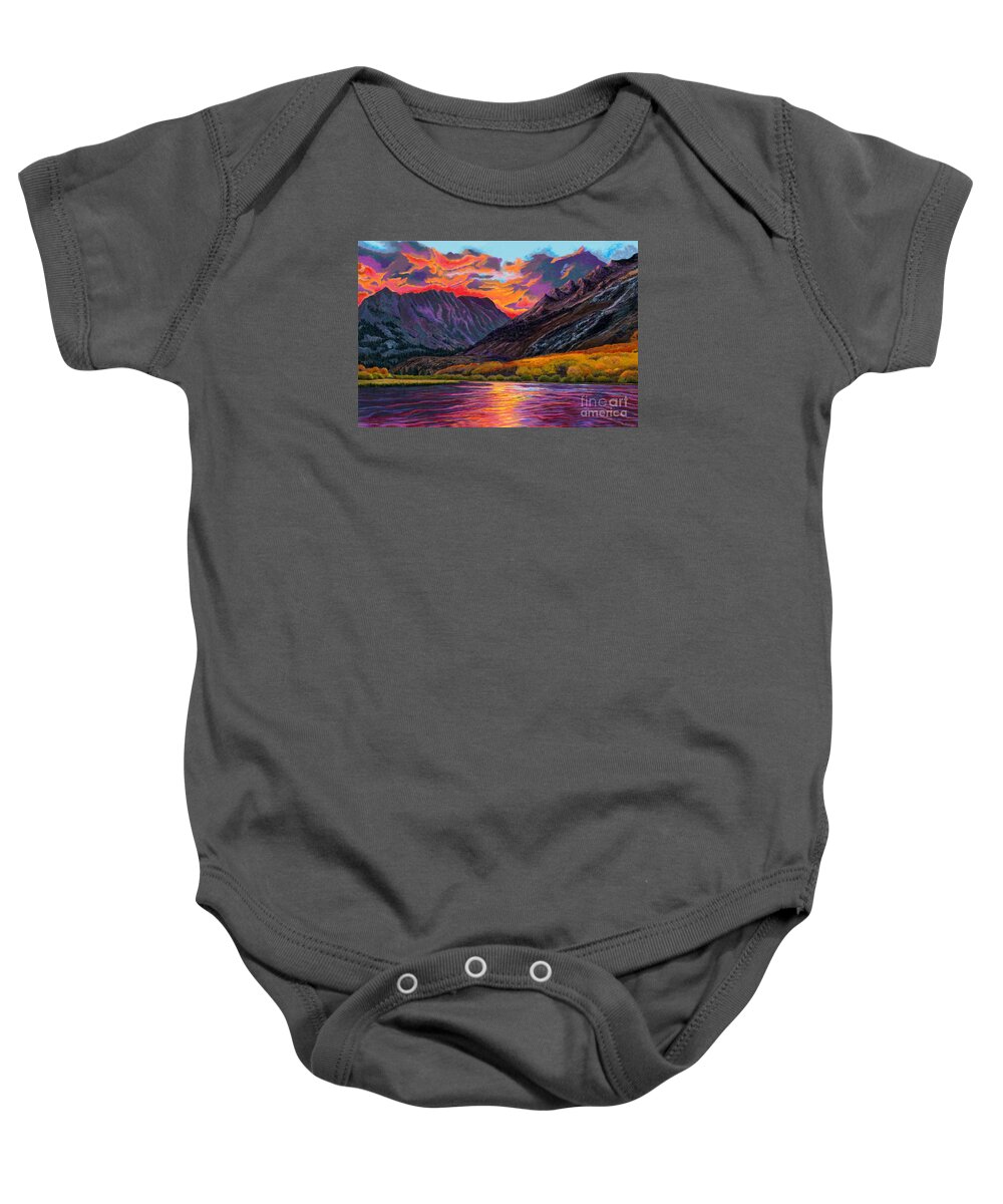 Sunset Baby Onesie featuring the painting Sunset on Sheltered Lake by Jackie Case