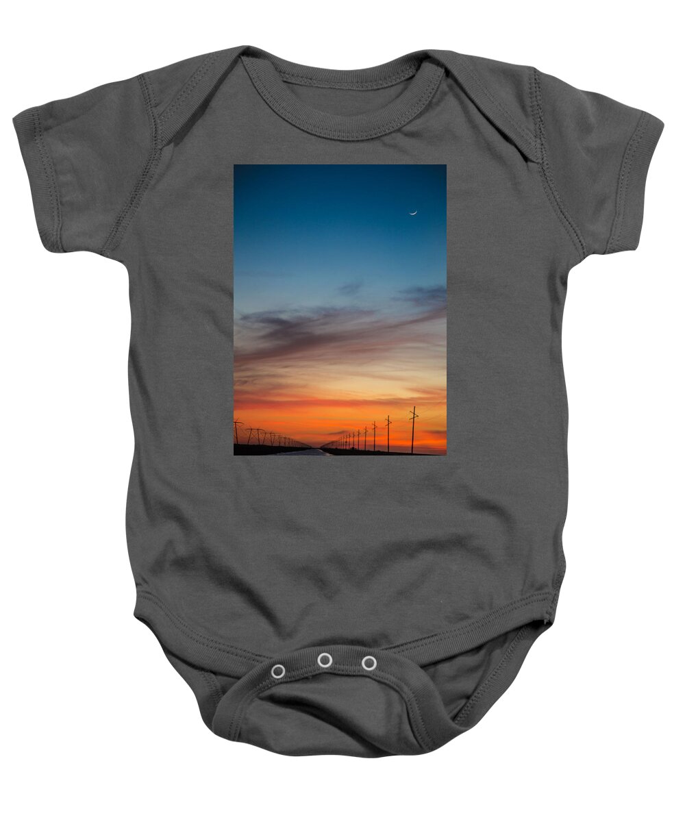 Blue Baby Onesie featuring the photograph Sunset With Moon Sliver by Dart Humeston