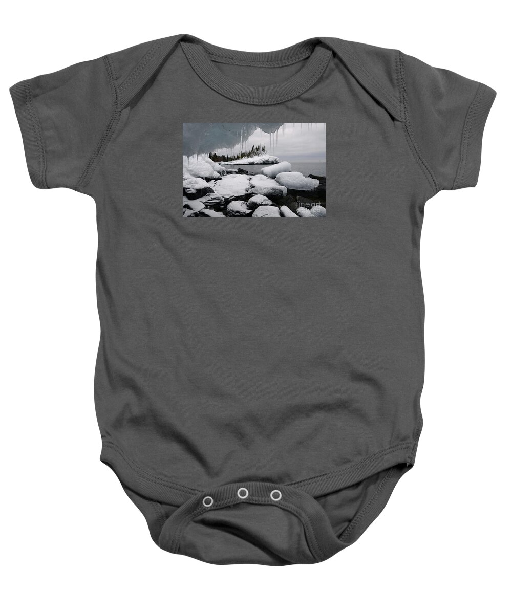 Lake Superior Baby Onesie featuring the photograph Superior view from an Ice Cave by Sandra Updyke