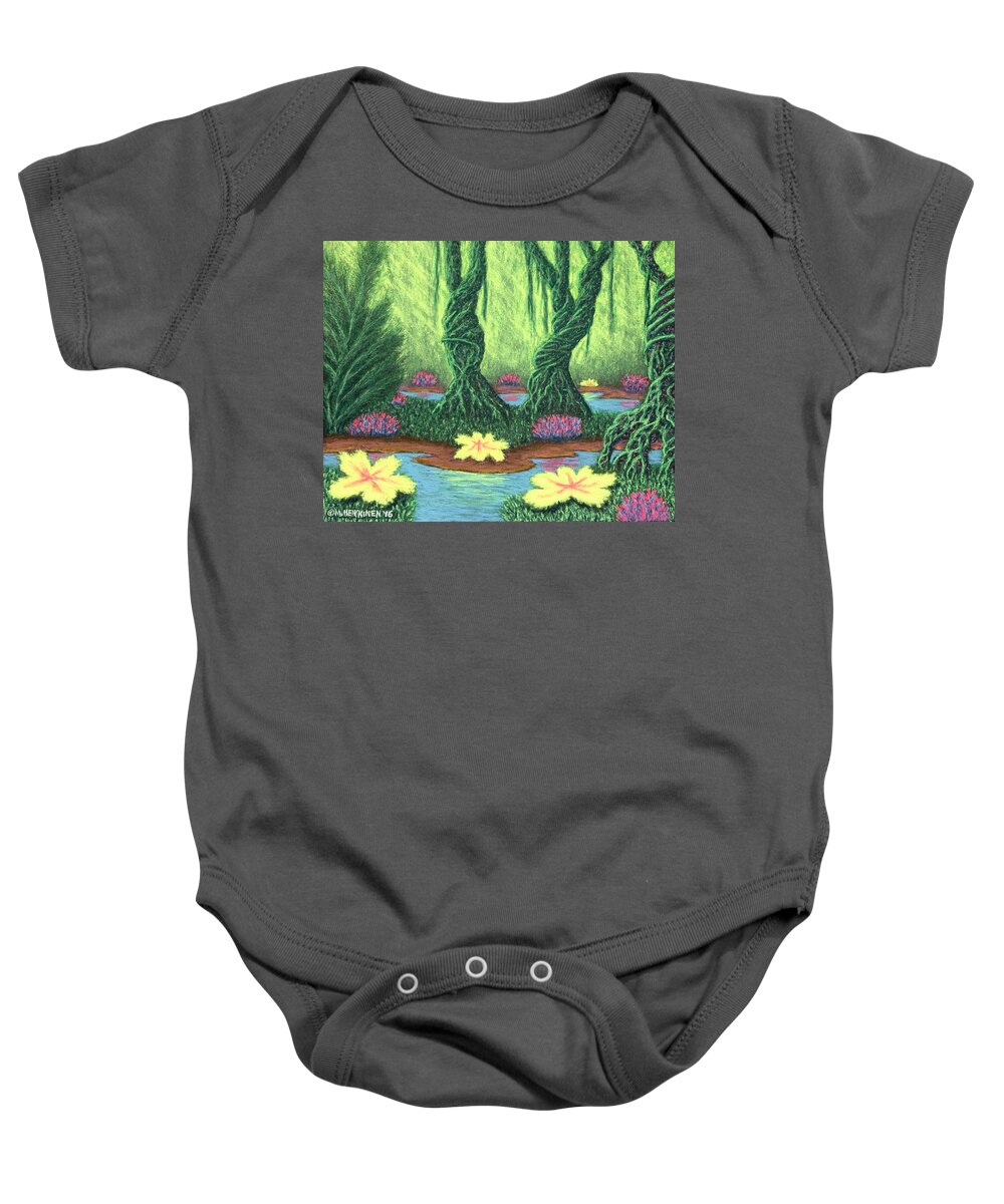 #swamp #things #trees #water #mist #light #plants #flowers #fantasy #scenic #chalk #pastel #landscape Baby Onesie featuring the pastel Swamp Things 02, Diptych Panel A by Michael Heikkinen