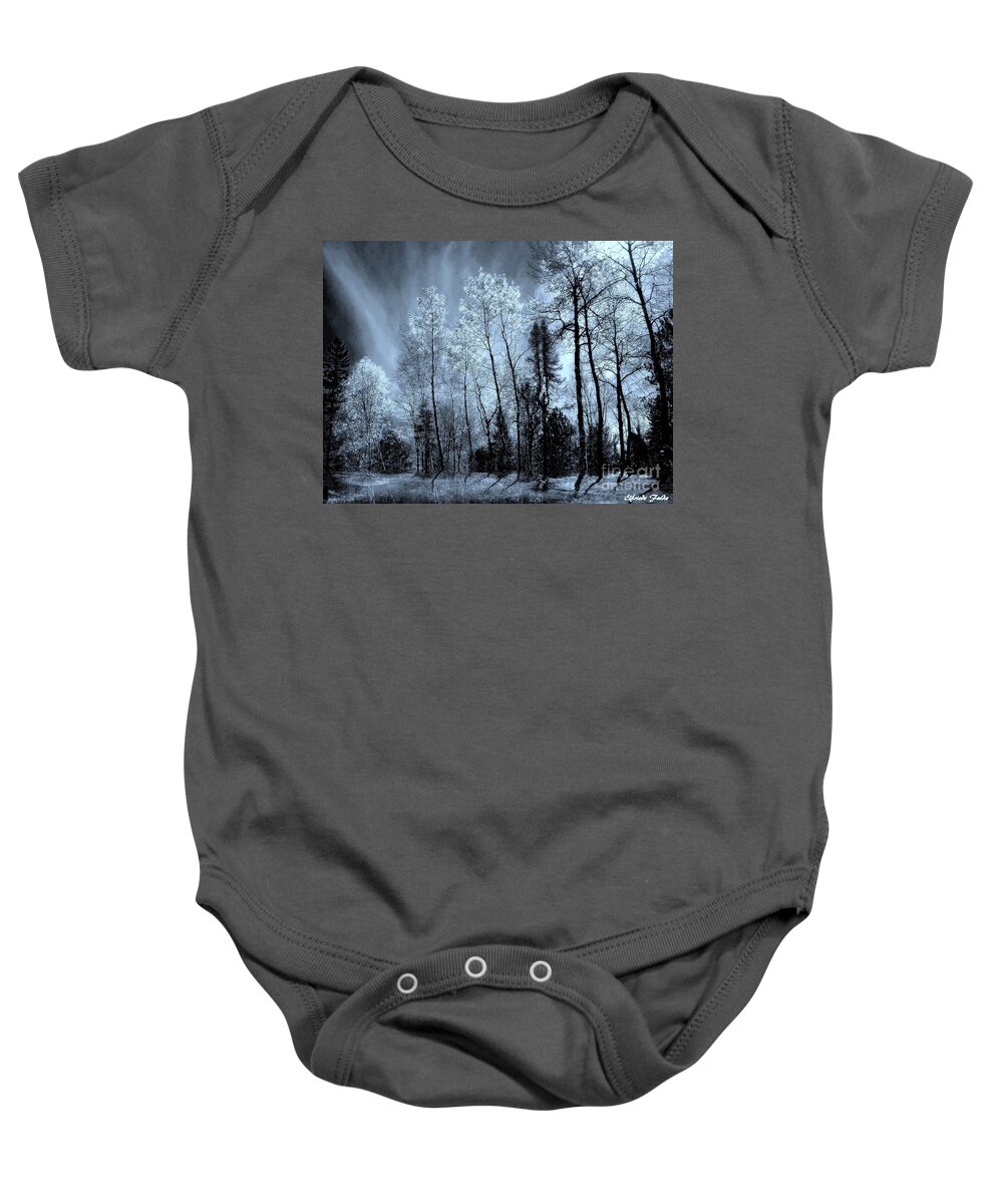 Grey Blue Trees Tall Reflections Water Rays Sky Baby Onesie featuring the mixed media Swaying by Elfriede Fulda