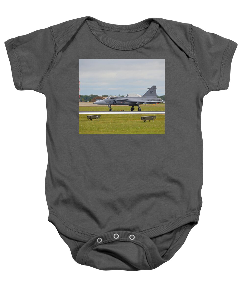 Swedish Baby Onesie featuring the photograph Swedish Air Force 215 JAS 39A Gripen at the 2017 RIAT Air Show by Gordon James