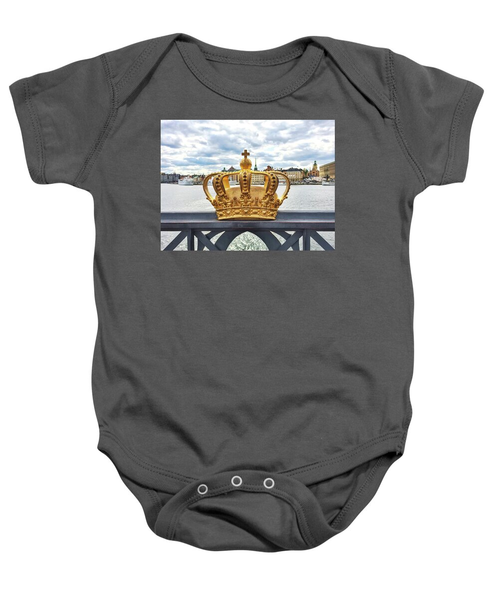 Stockholm Baby Onesie featuring the photograph Swedish royal crown on a bridge in Stockholm by GoodMood Art