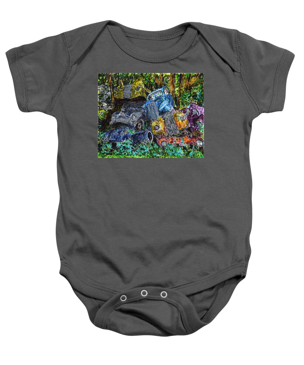 Scrapyard Baby Onesie featuring the painting Swedish Scrapyard by Phil Strang