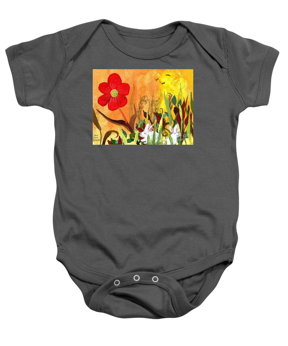 Sweetheart Bunnies Baby Onesie featuring the painting Sweetheart Bunnies by Robin Pedrero