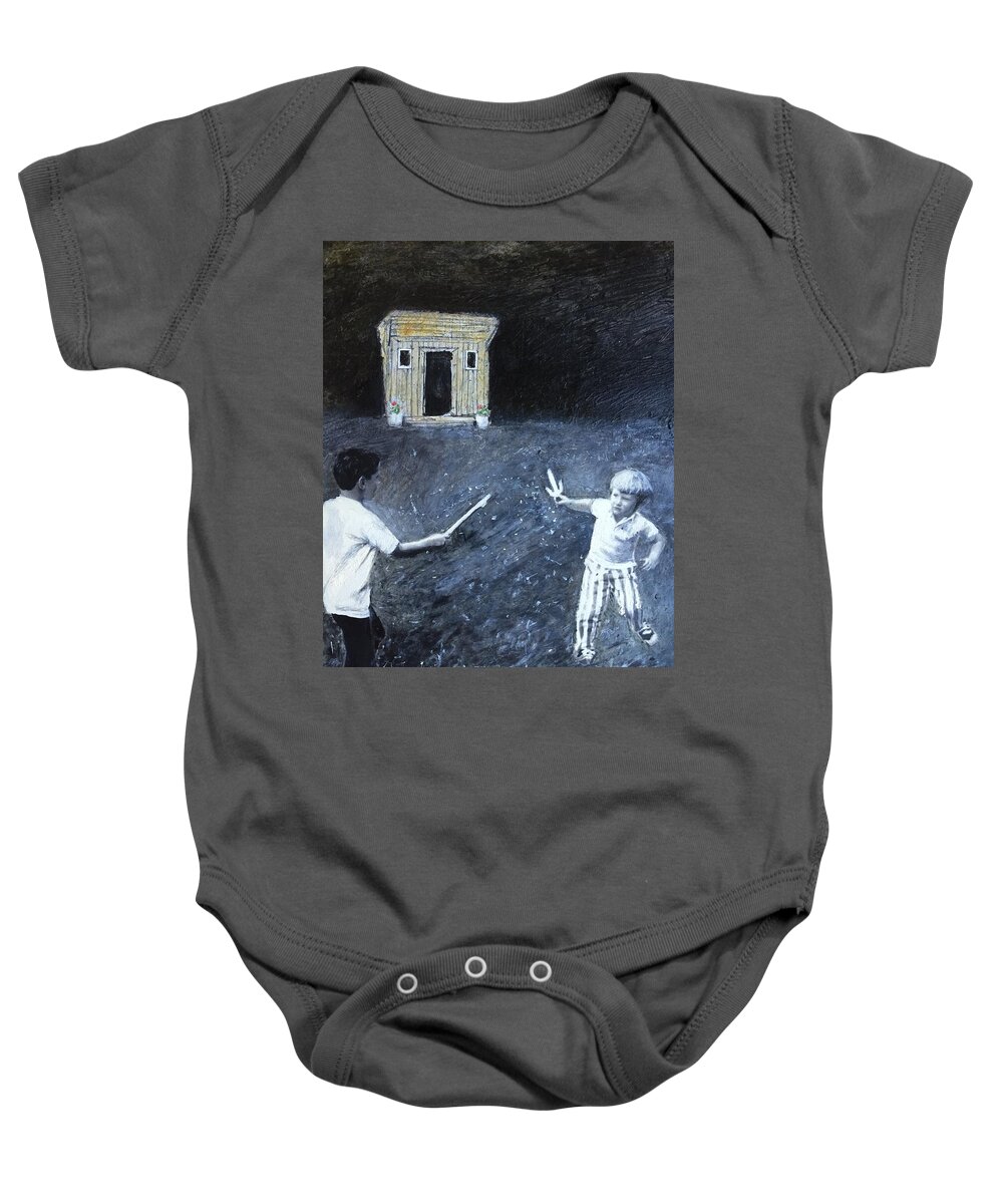 Boys Baby Onesie featuring the painting Sword Fight by Leah Tomaino